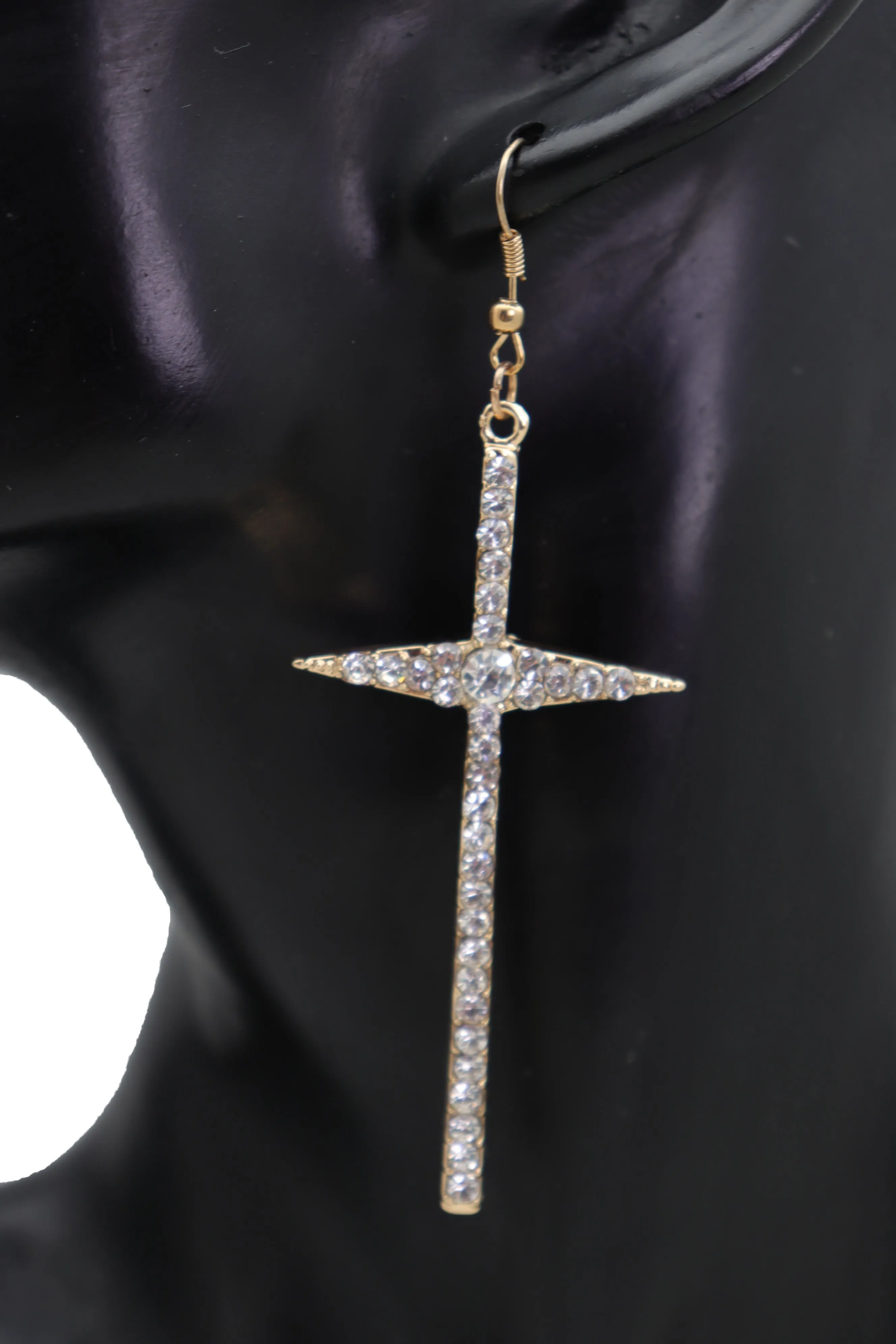 Gold Metal Pointy Cross Charm Earring Set Religious Bling