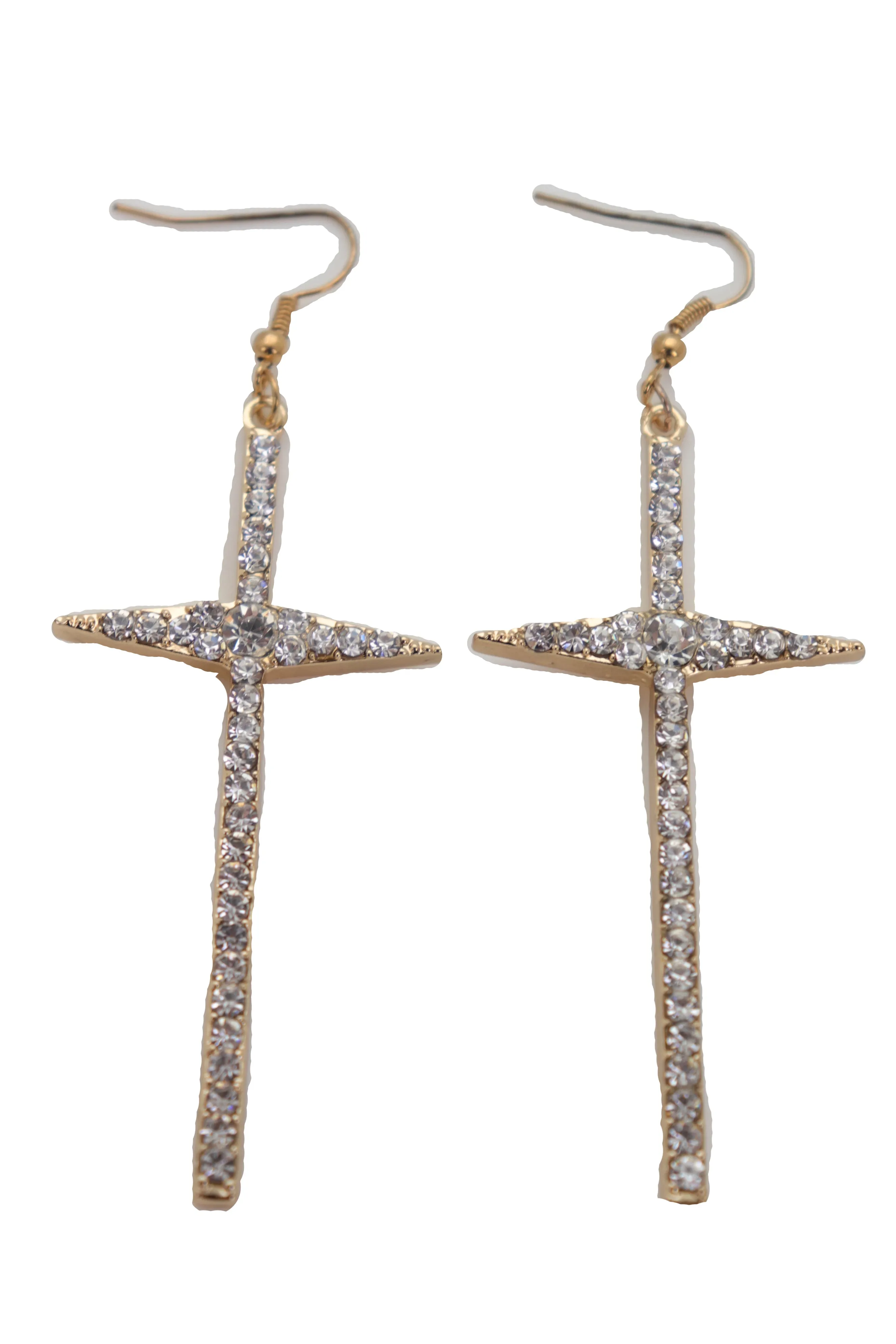 Gold Metal Pointy Cross Charm Earring Set Religious Bling