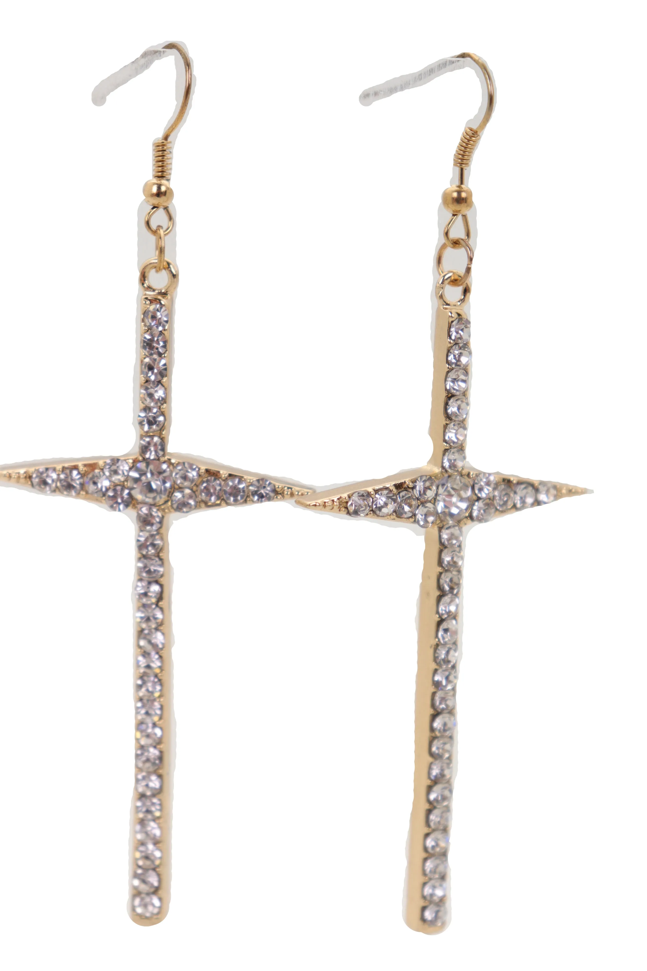 Gold Metal Pointy Cross Charm Earring Set Religious Bling