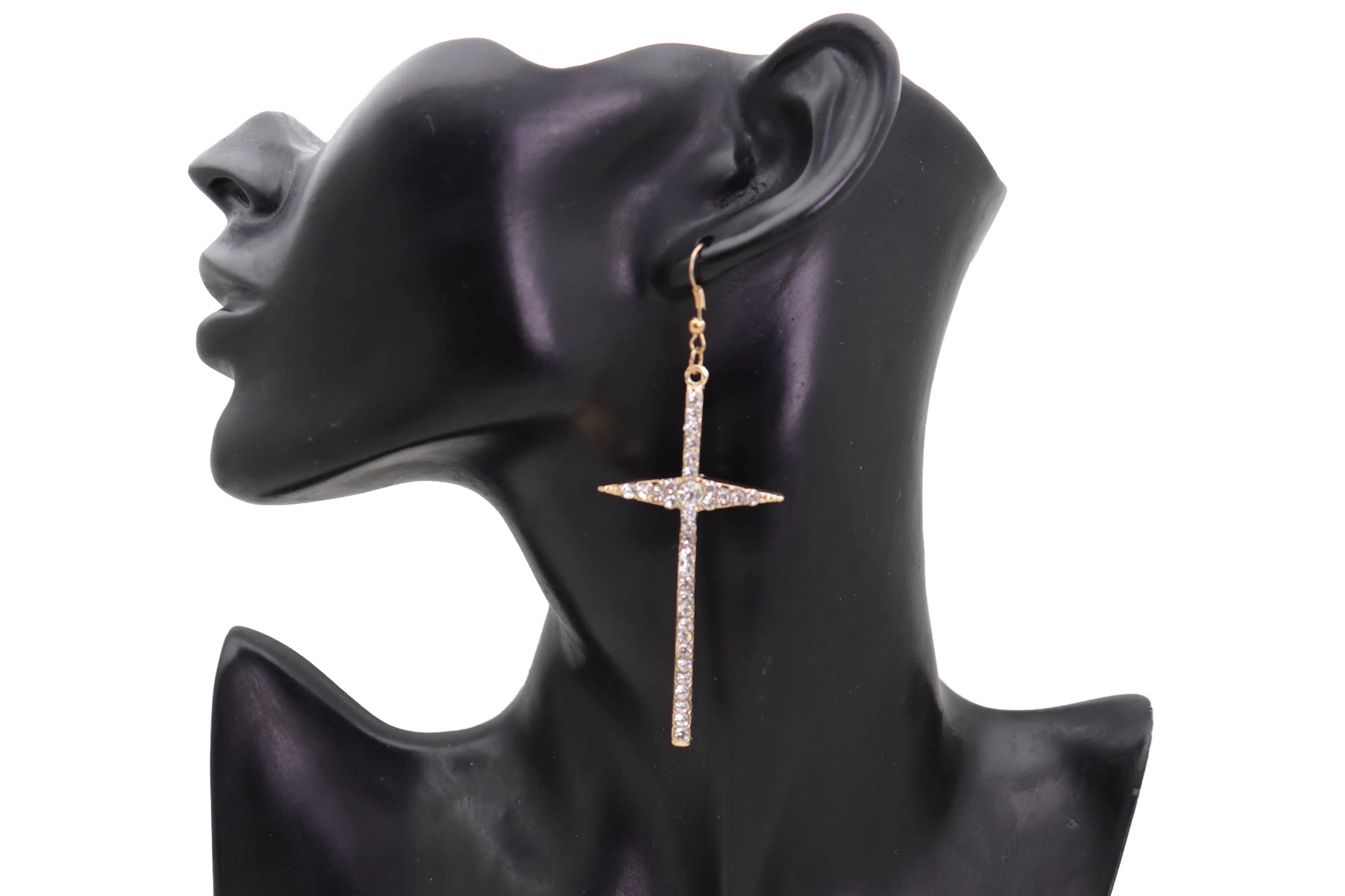 Gold Metal Pointy Cross Charm Earring Set Religious Bling