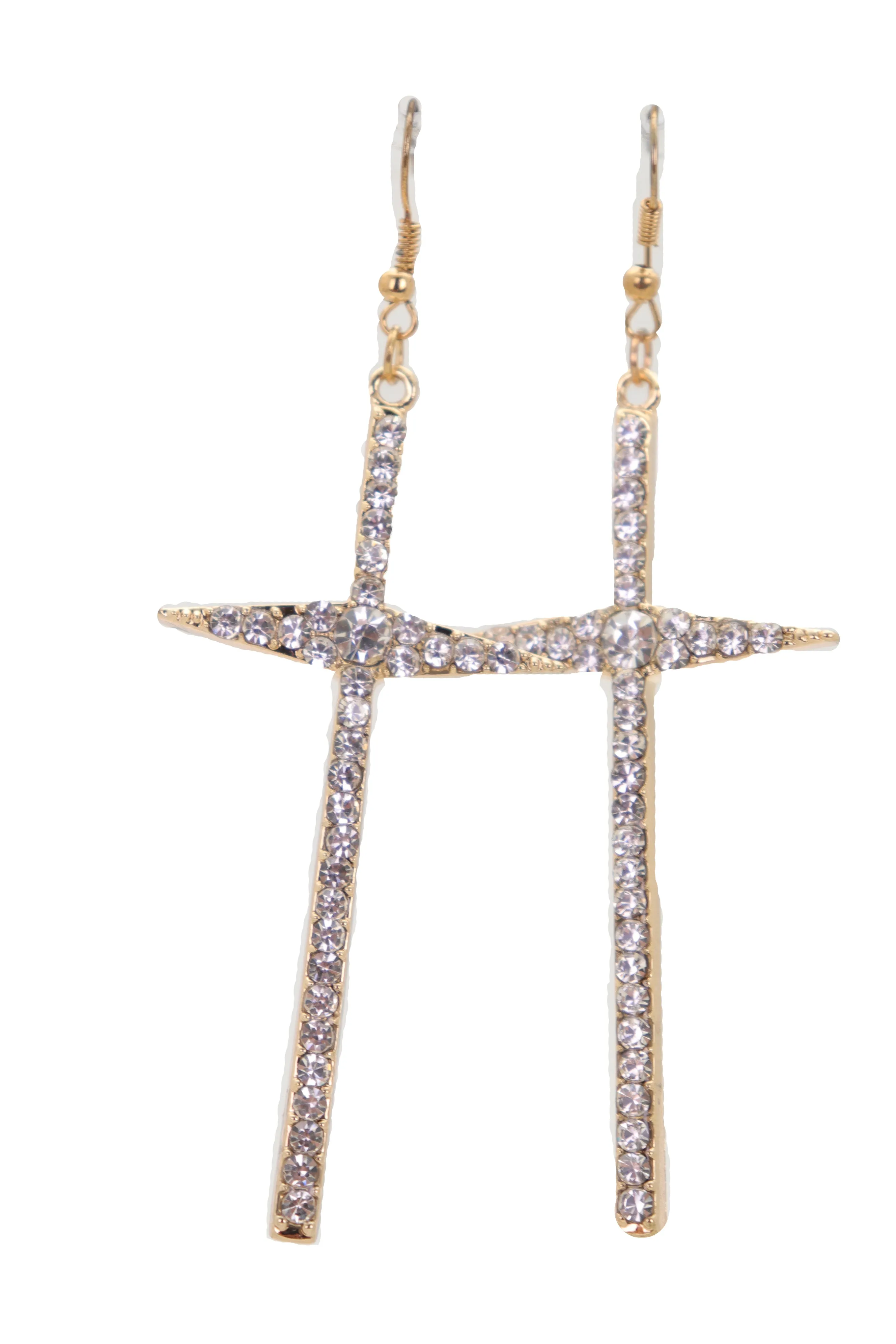 Gold Metal Pointy Cross Charm Earring Set Religious Bling
