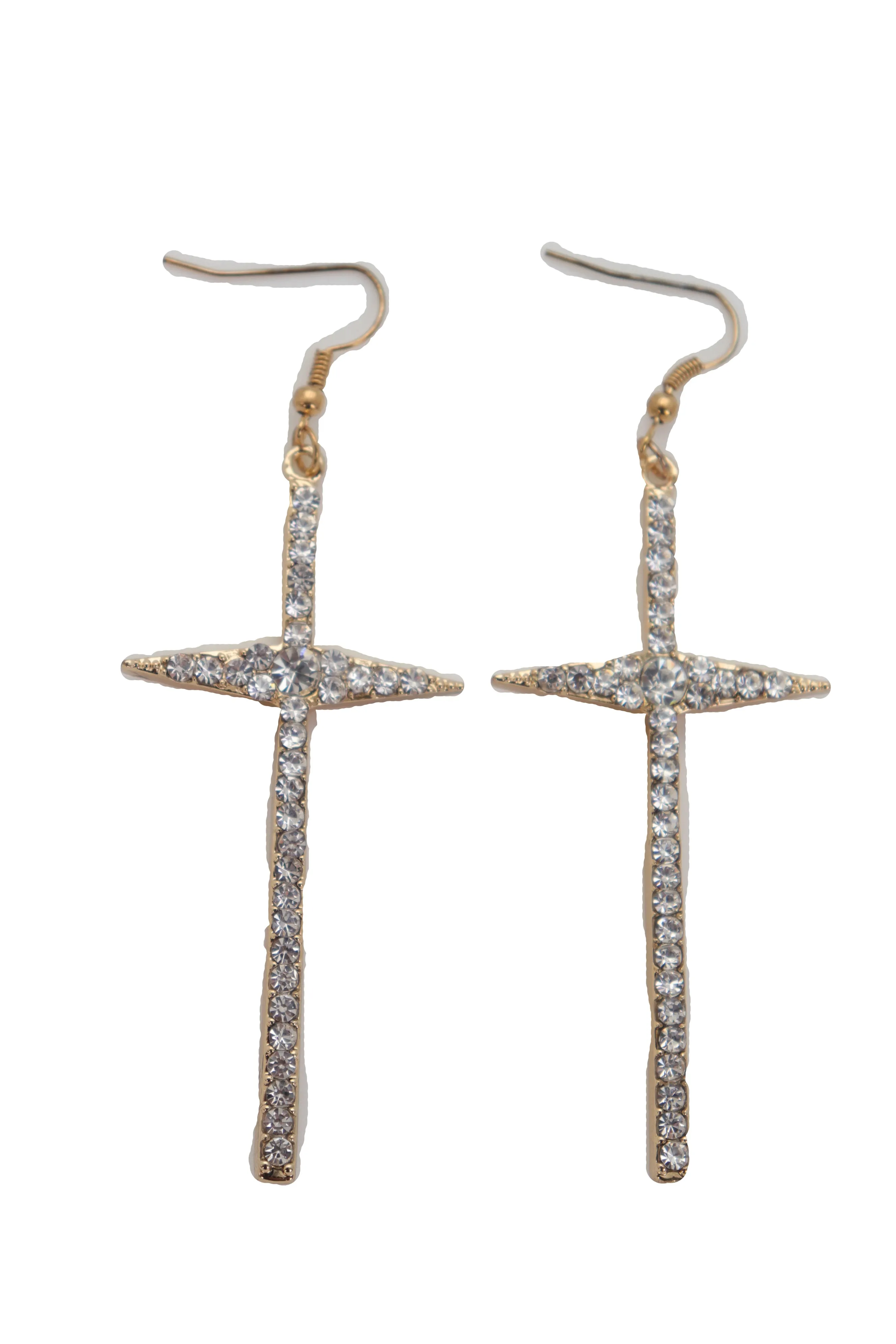 Gold Metal Pointy Cross Charm Earring Set Religious Bling