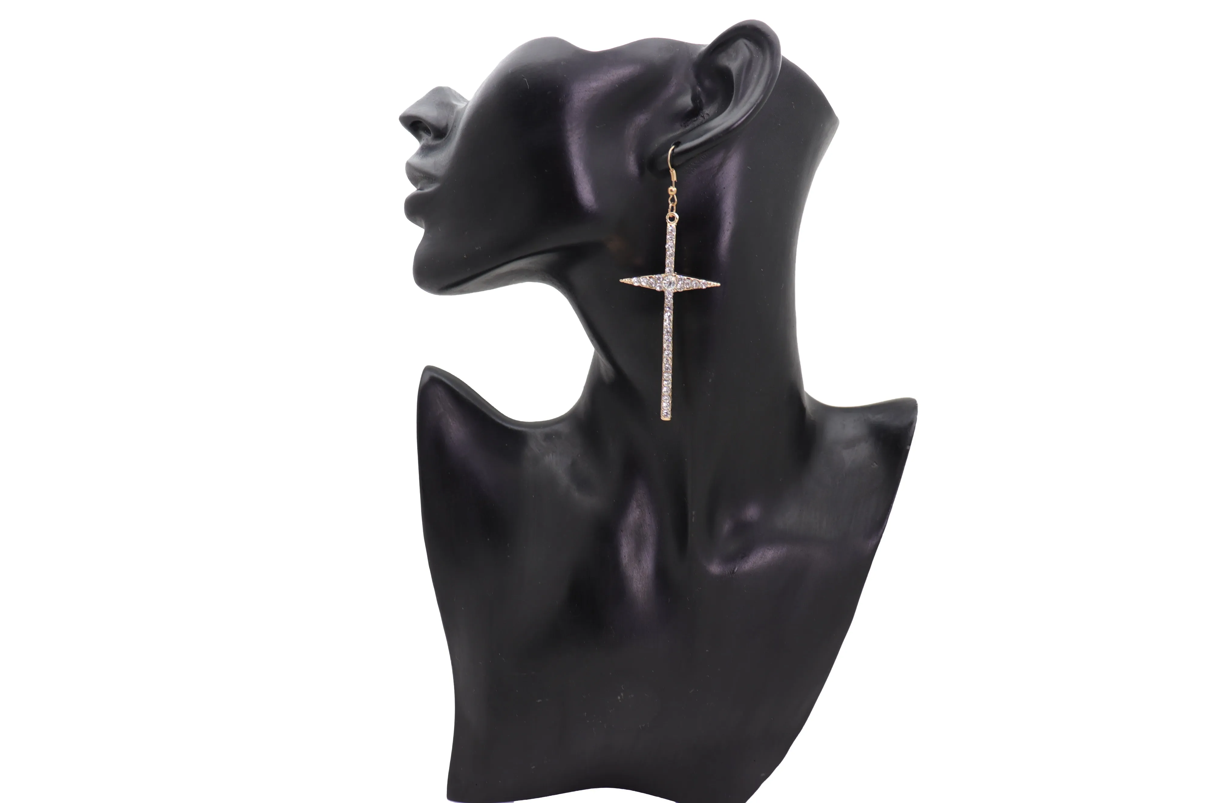 Gold Metal Pointy Cross Charm Earring Set Religious Bling