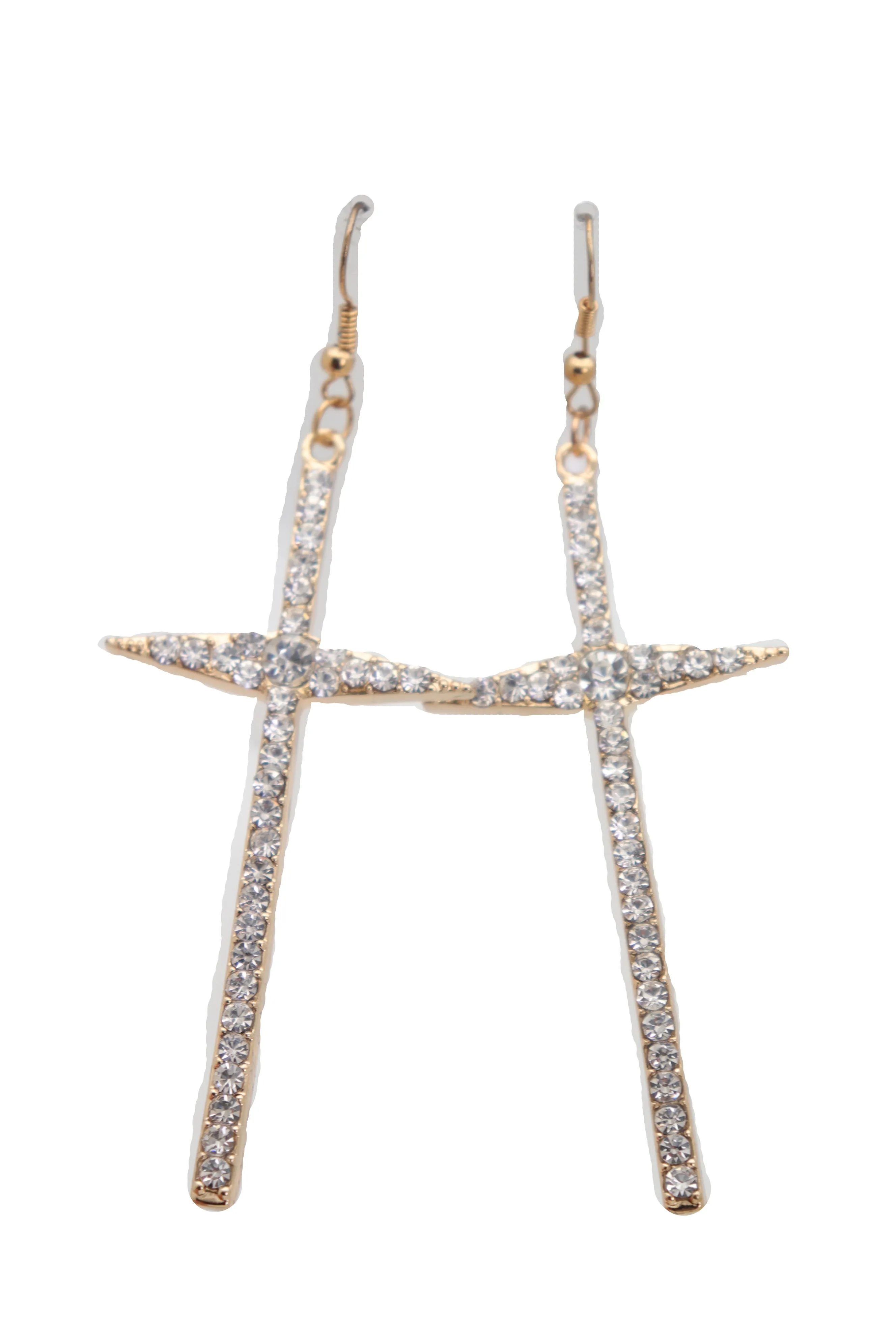 Gold Metal Pointy Cross Charm Earring Set Religious Bling