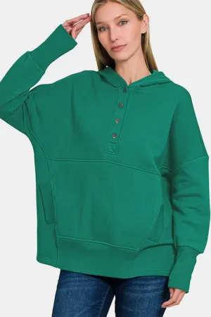 Green Half Snap Long Sleeve Hoodie with Kangaroo Pocket