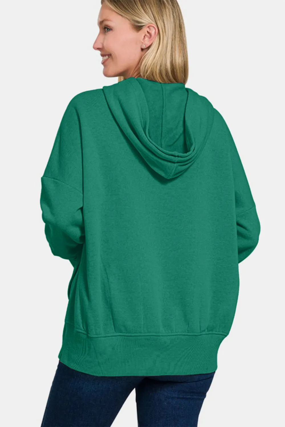 Green Half Snap Long Sleeve Hoodie with Kangaroo Pocket
