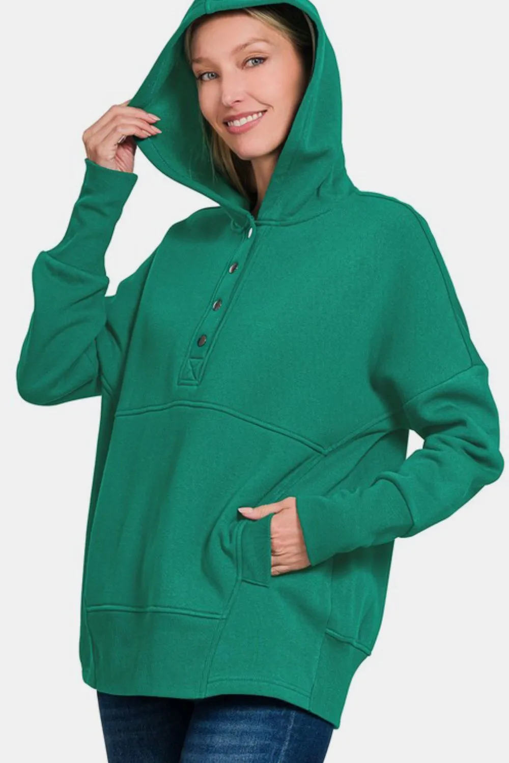 Green Half Snap Long Sleeve Hoodie with Kangaroo Pocket