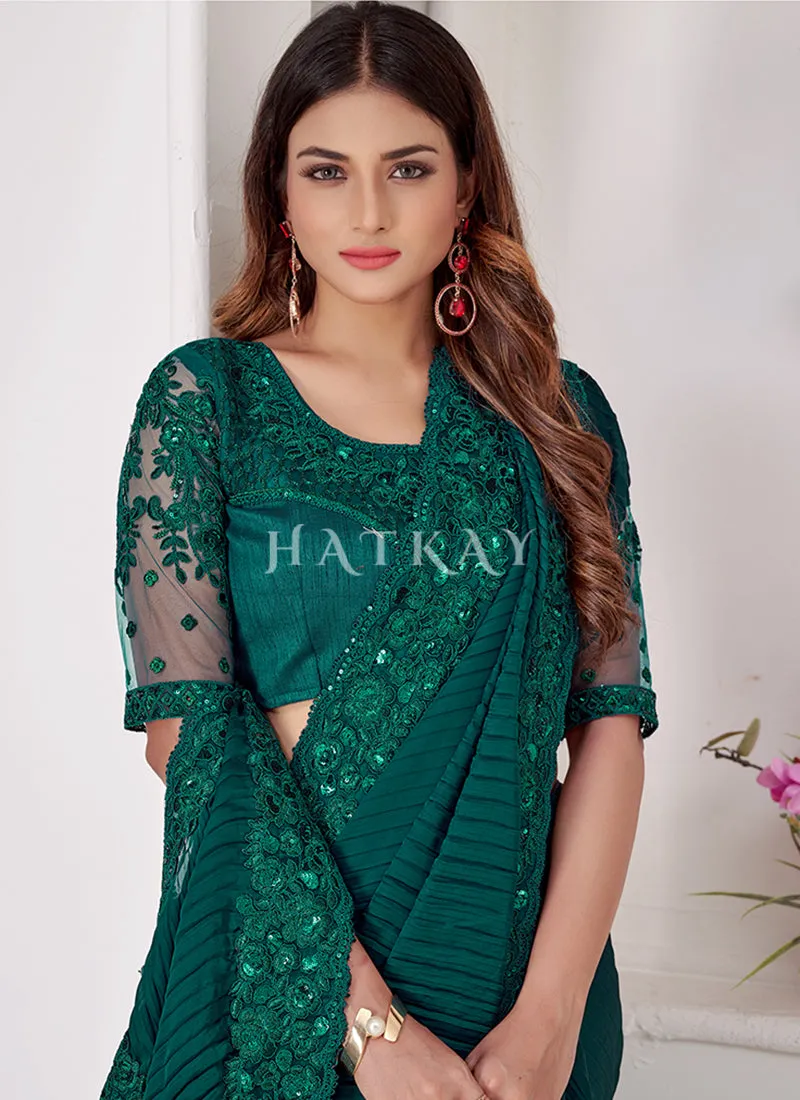 Green Sequence Embroidered Crush Wedding Saree