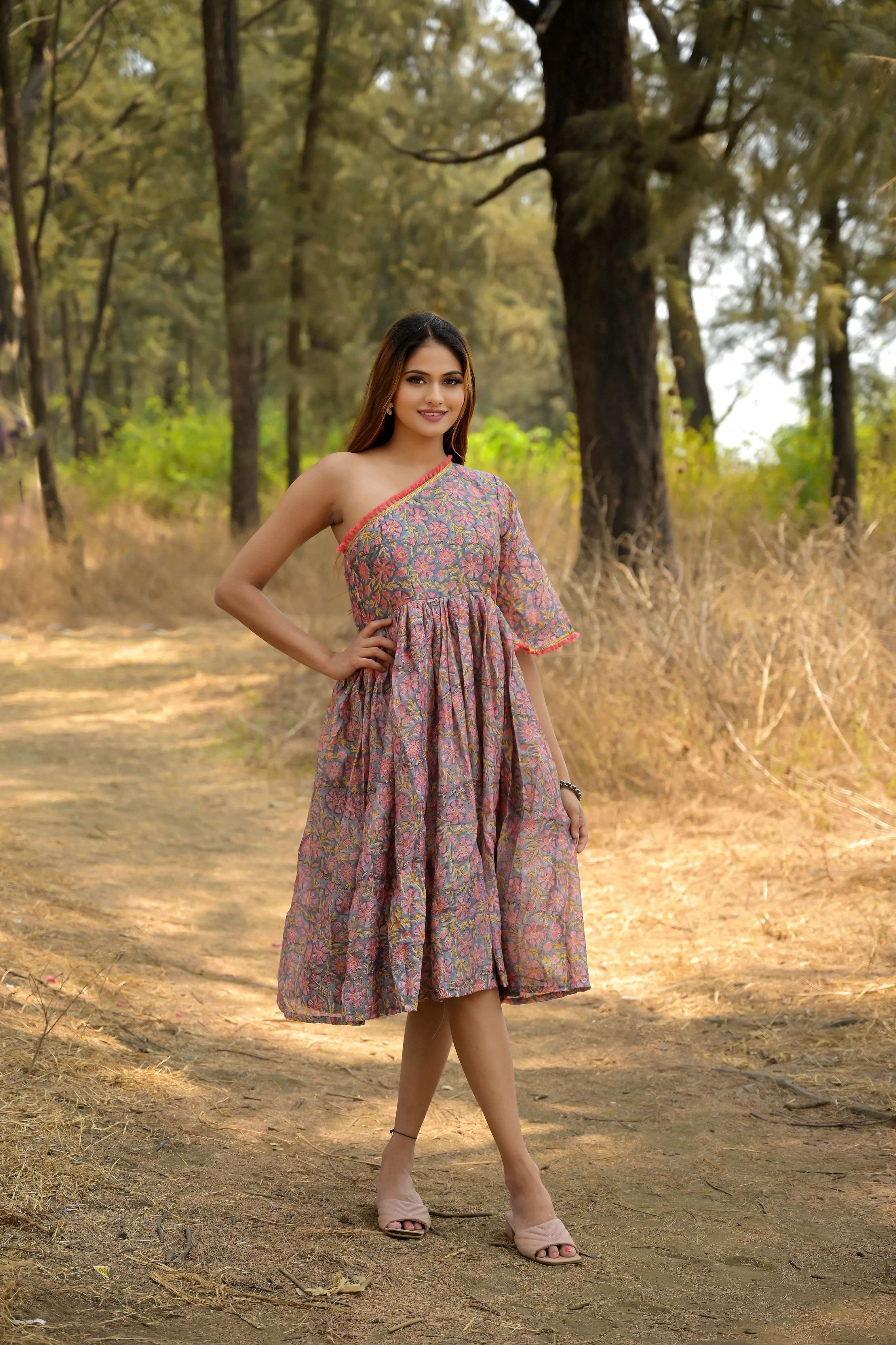 Grey 'Glorious' Printed Chanderi Dress