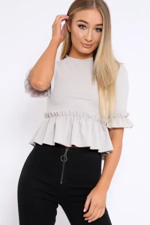 Grey Peplum Frill Detail Top with Frill Sleeves - Gretta