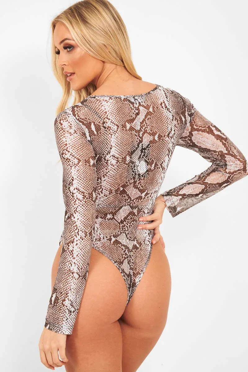 Grey Snake Plunge Sheer Sleeve Bodysuit - Ilianna