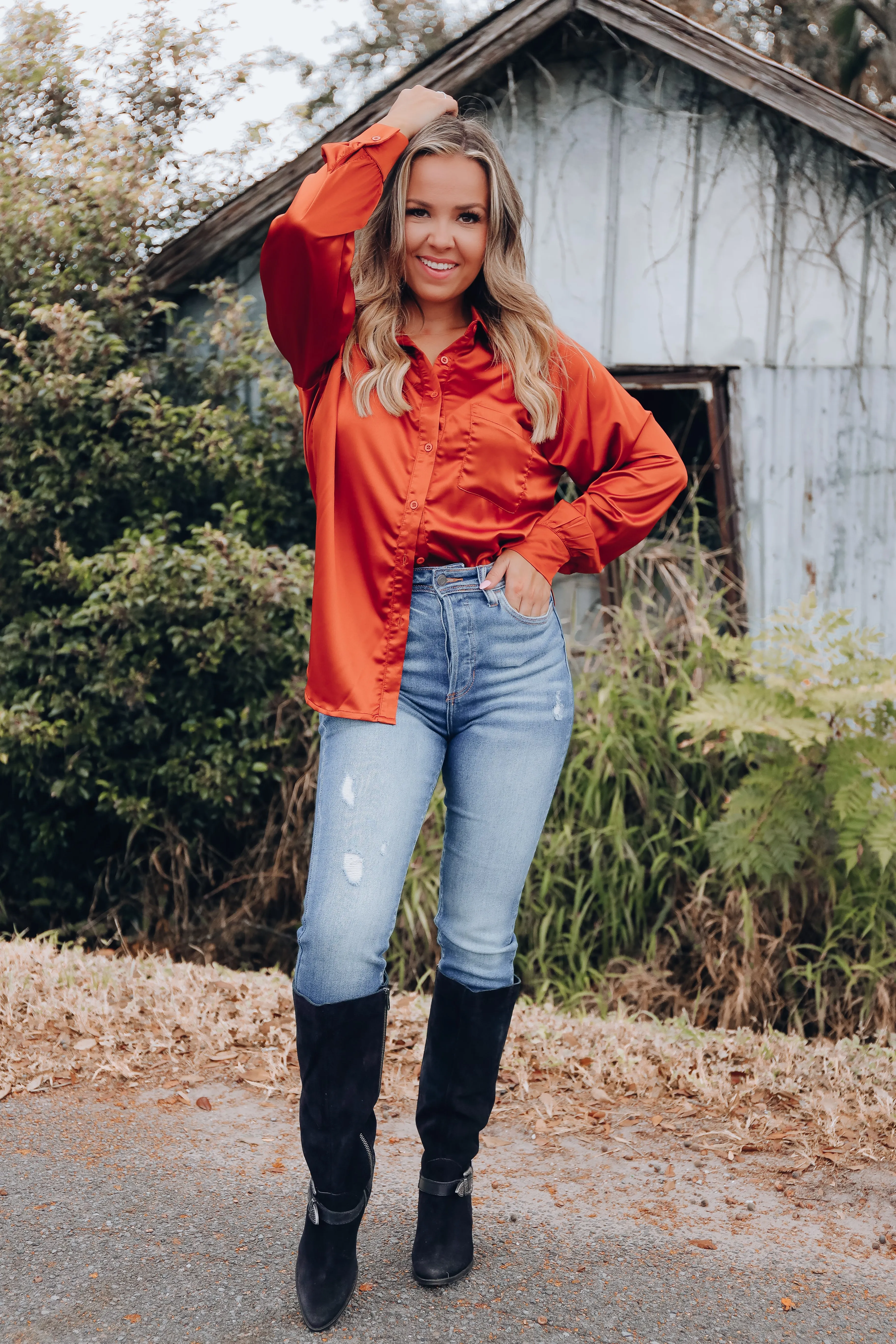 Hallie Raglan Sleeve Satin Blouse - Rust