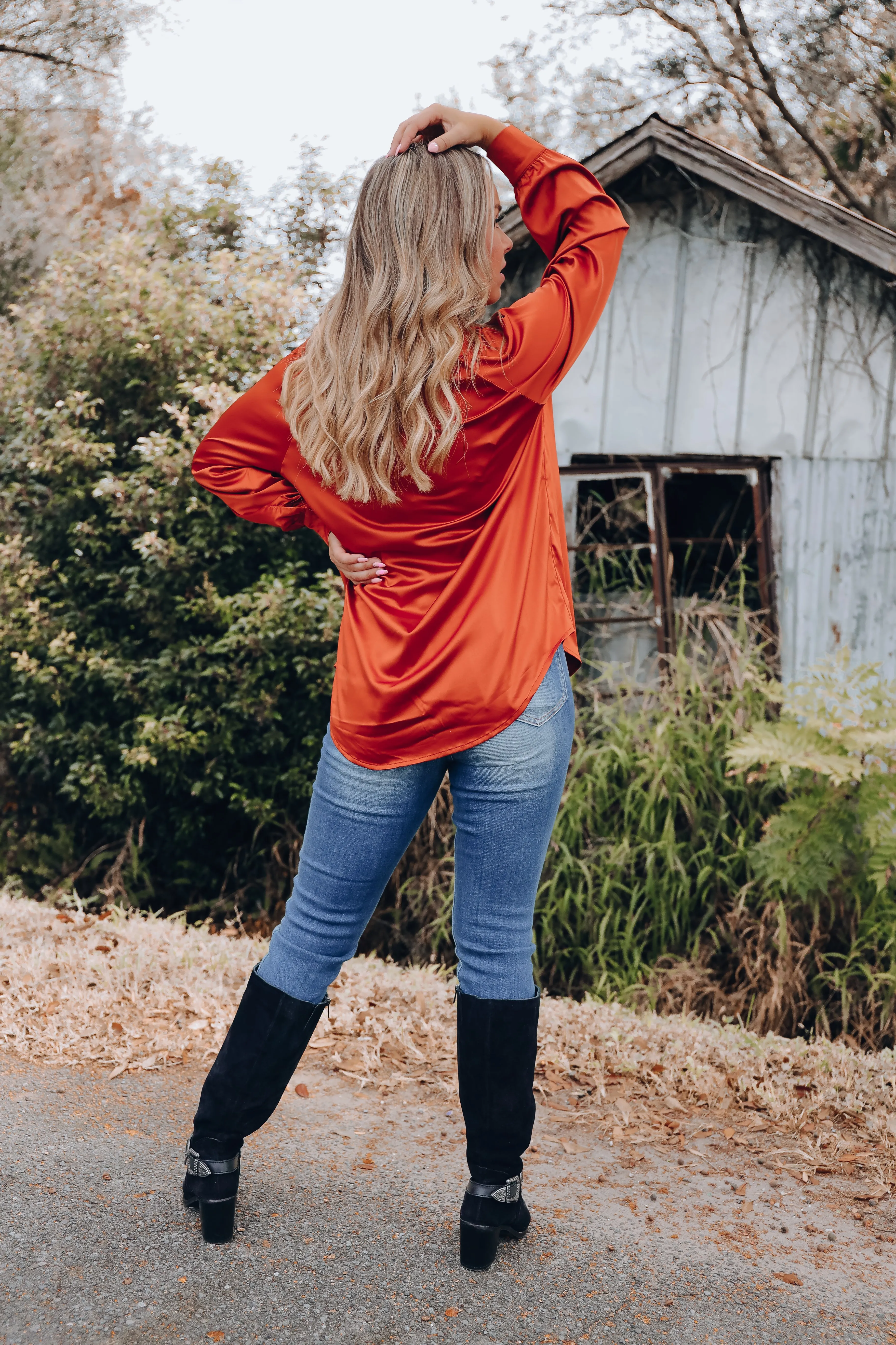 Hallie Raglan Sleeve Satin Blouse - Rust