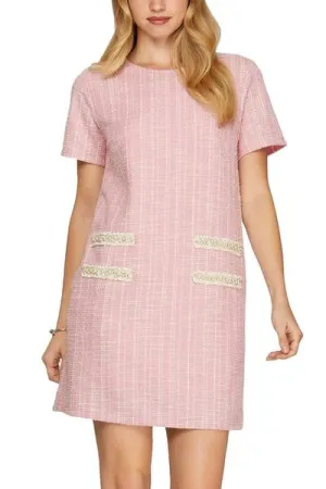 Hazel Blues® | She   Sky Short Sleeve Pearl Studded Trim Knit Tweed Dress