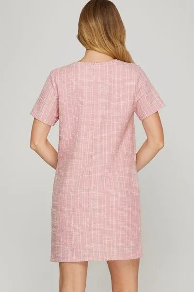 Hazel Blues® | She   Sky Short Sleeve Pearl Studded Trim Knit Tweed Dress