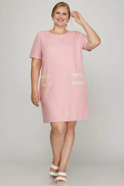 Hazel Blues® | She   Sky Short Sleeve Pearl Studded Trim Knit Tweed Dress