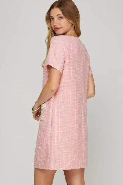 Hazel Blues® | She   Sky Short Sleeve Pearl Studded Trim Knit Tweed Dress