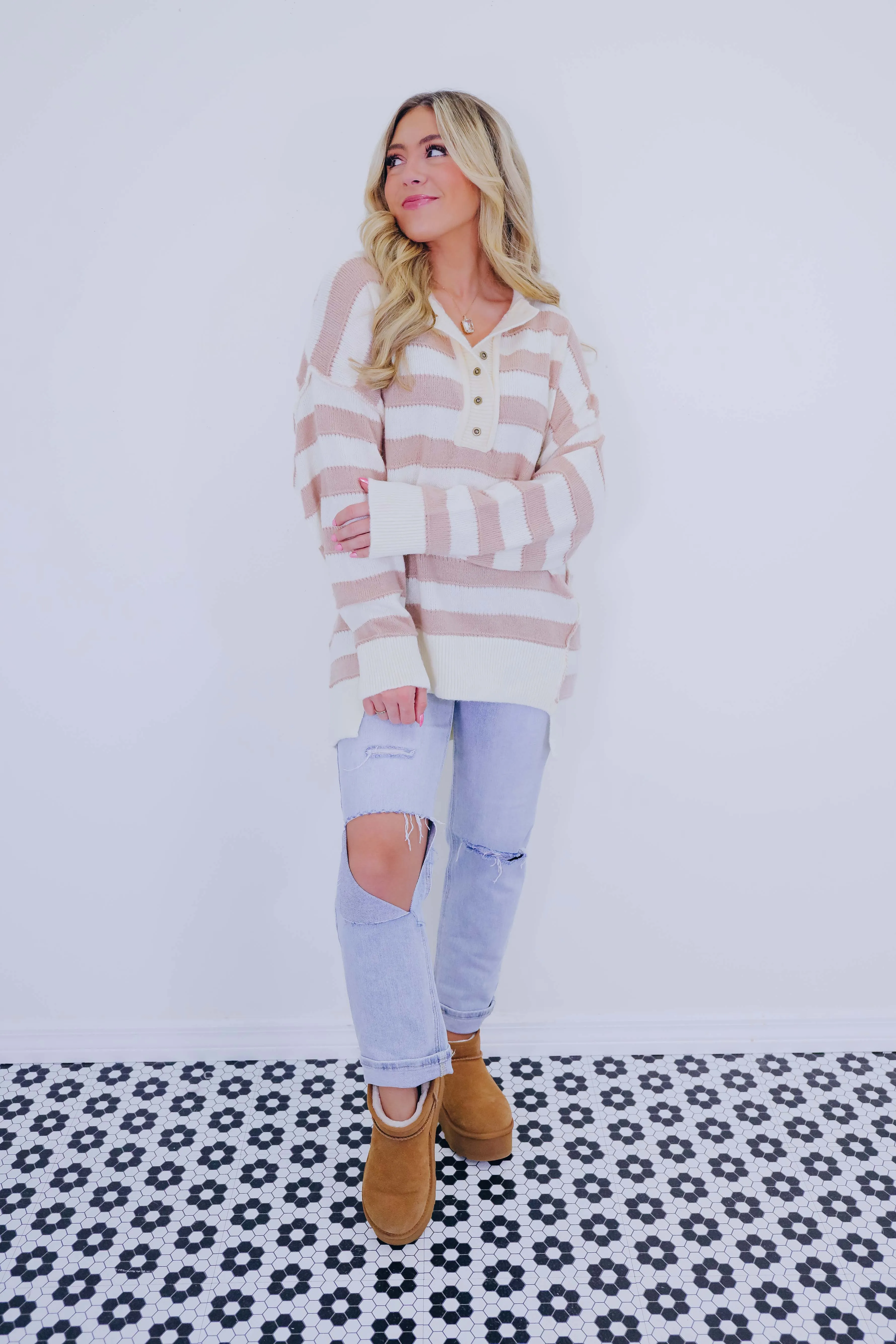 Huggable Henley Striped Sweater - 4 Colors