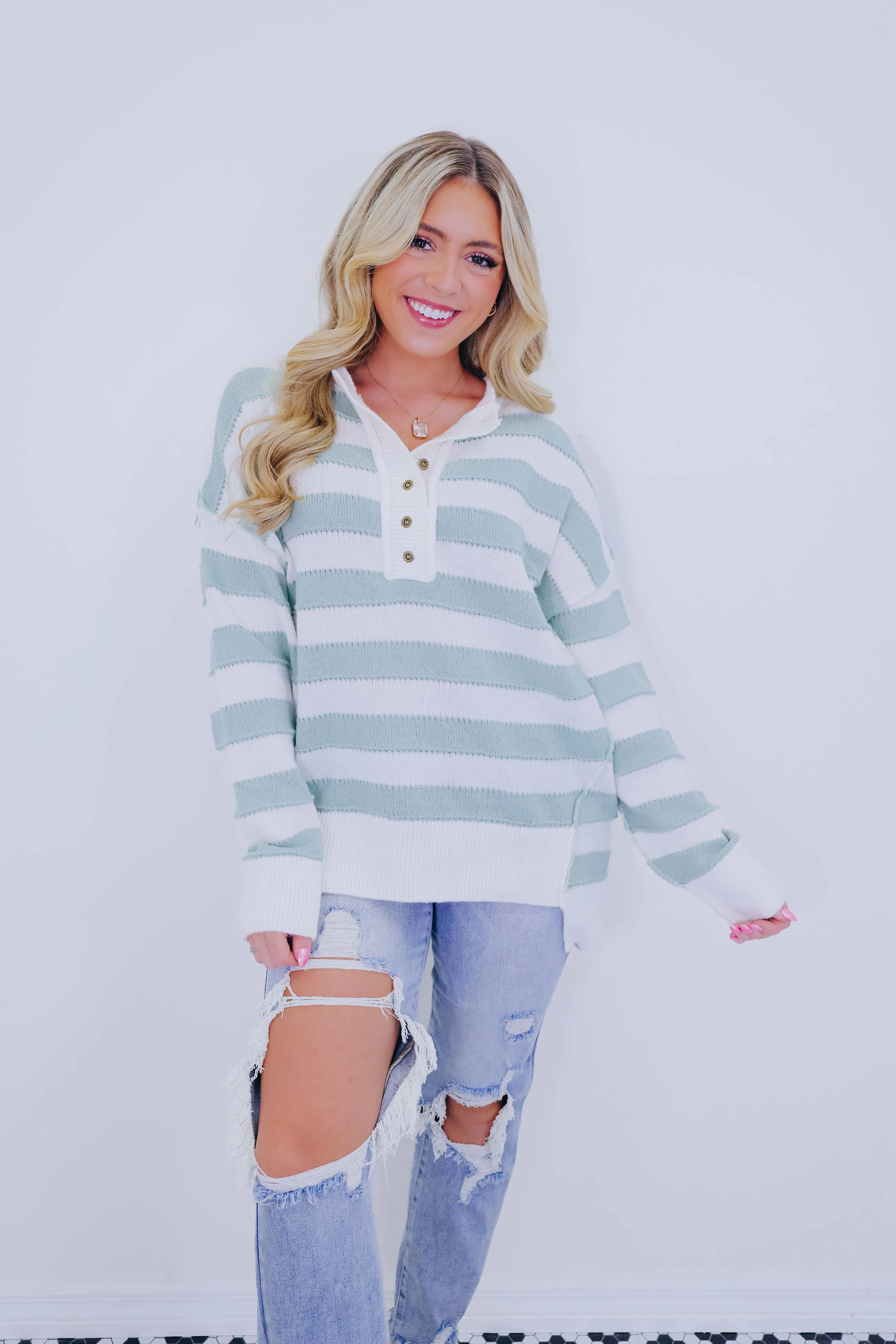 Huggable Henley Striped Sweater - 4 Colors