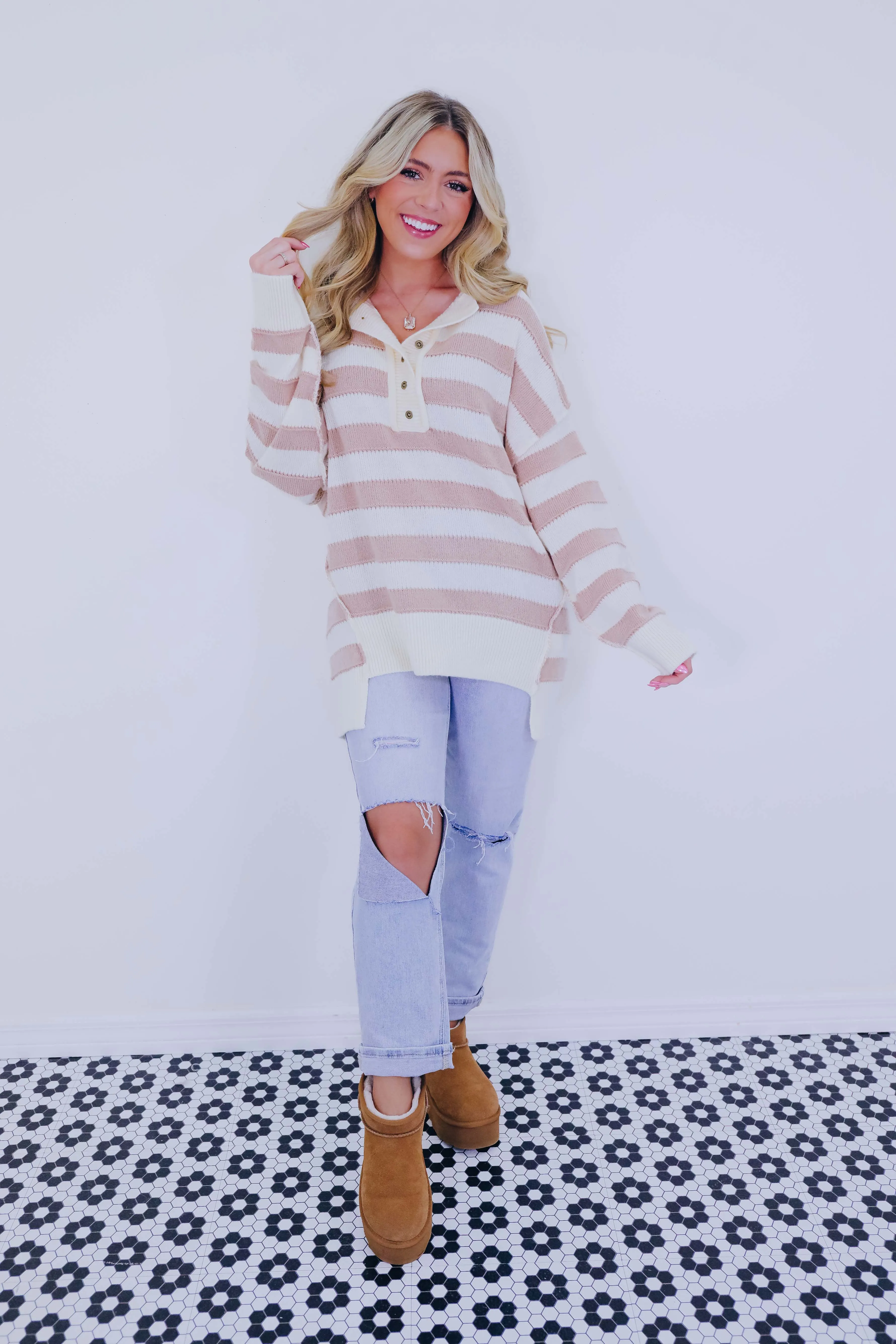 Huggable Henley Striped Sweater - 4 Colors