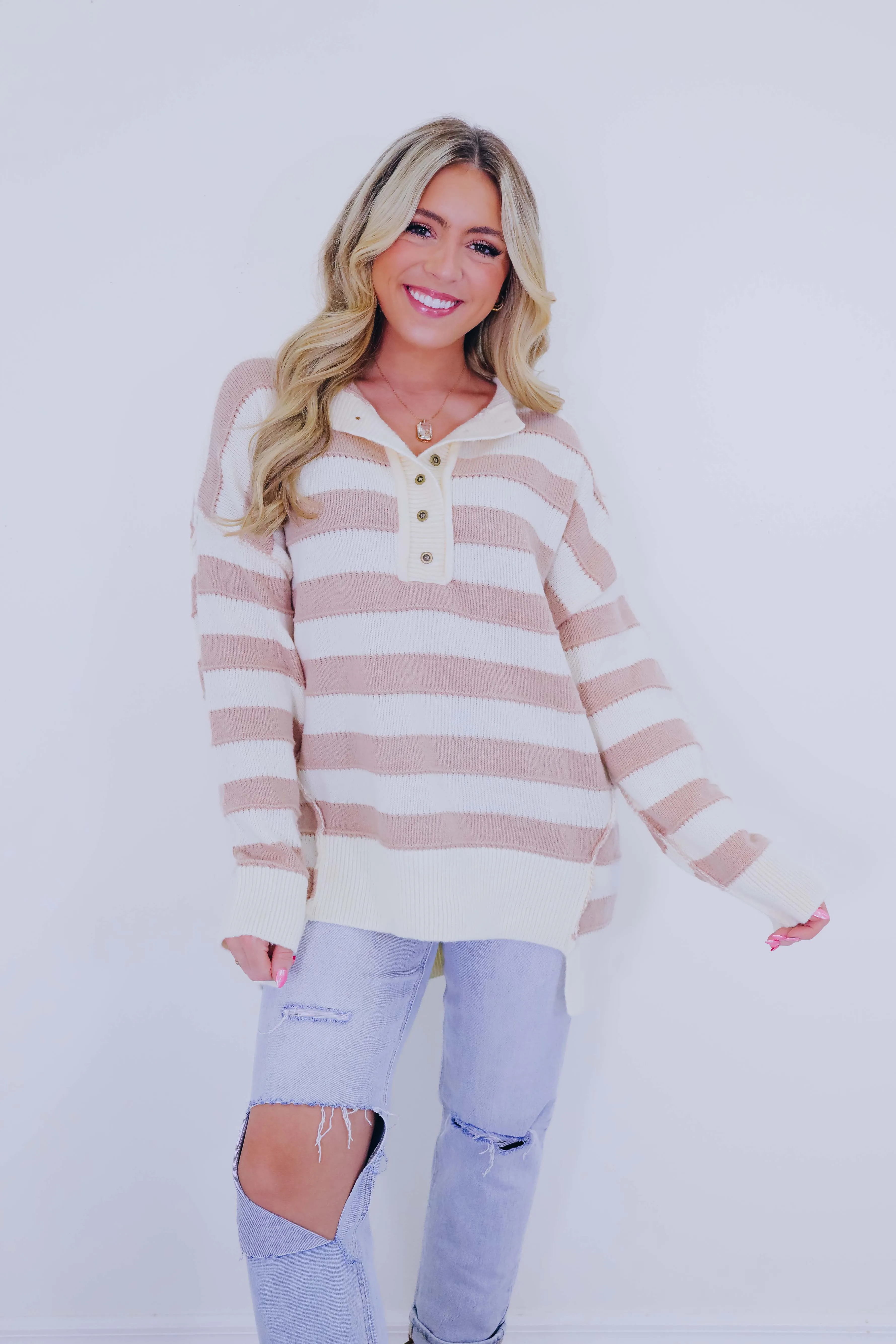 Huggable Henley Striped Sweater - 4 Colors
