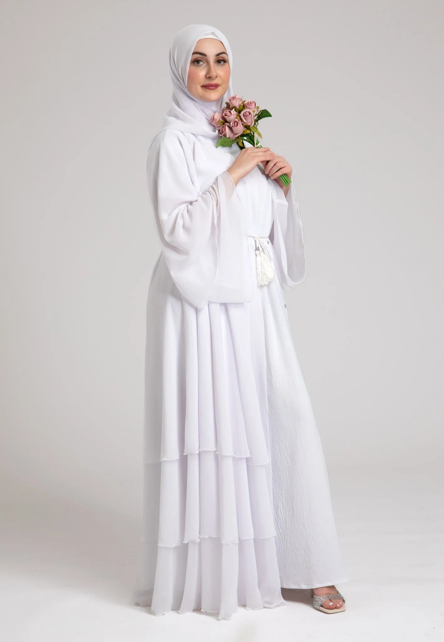 Ivory White 3 Layered Open Abaya With Inner Dress