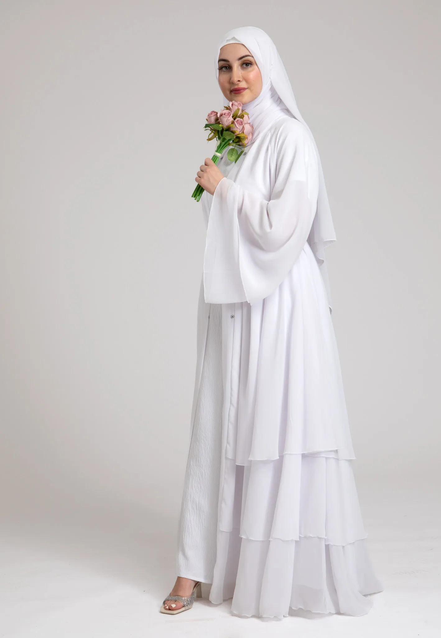 Ivory White 3 Layered Open Abaya With Inner Dress