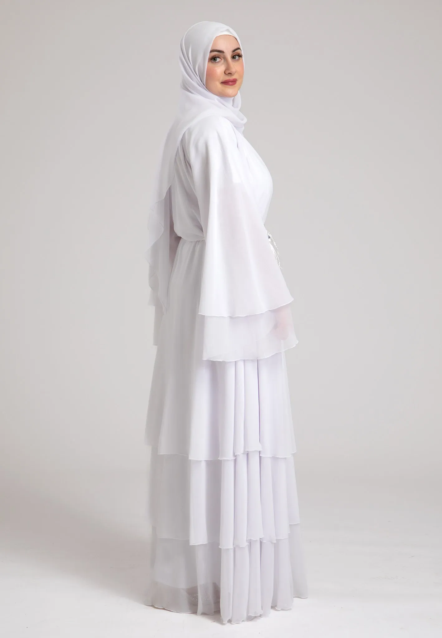Ivory White 3 Layered Open Abaya With Inner Dress