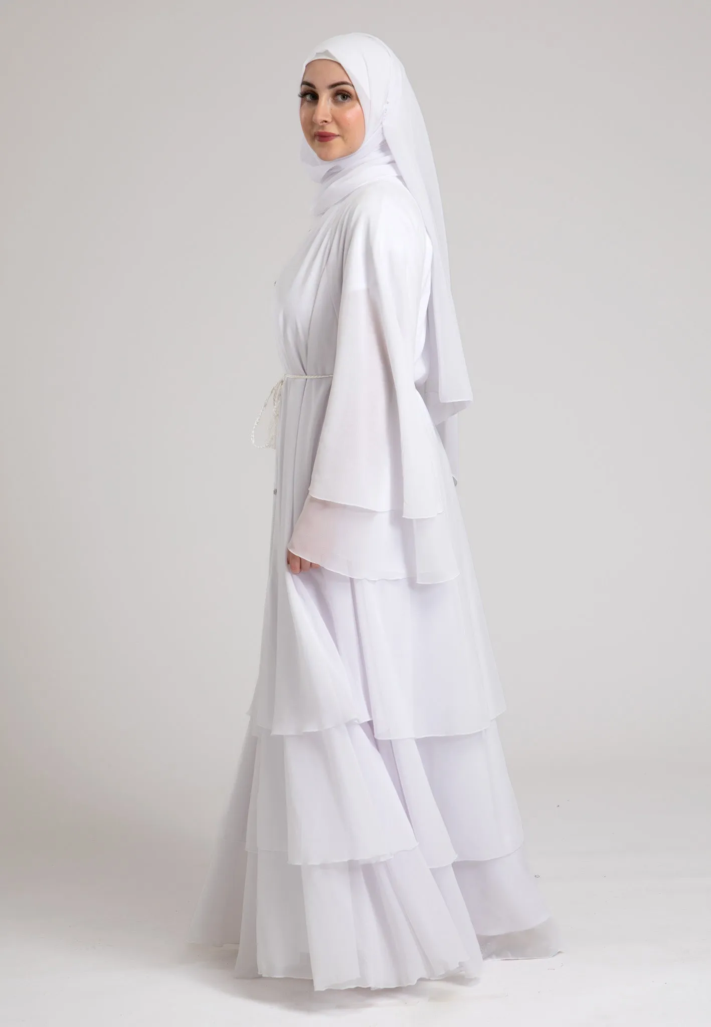 Ivory White 3 Layered Open Abaya With Inner Dress
