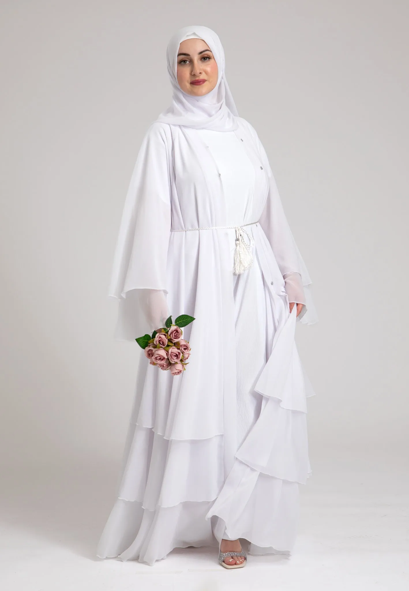 Ivory White 3 Layered Open Abaya With Inner Dress