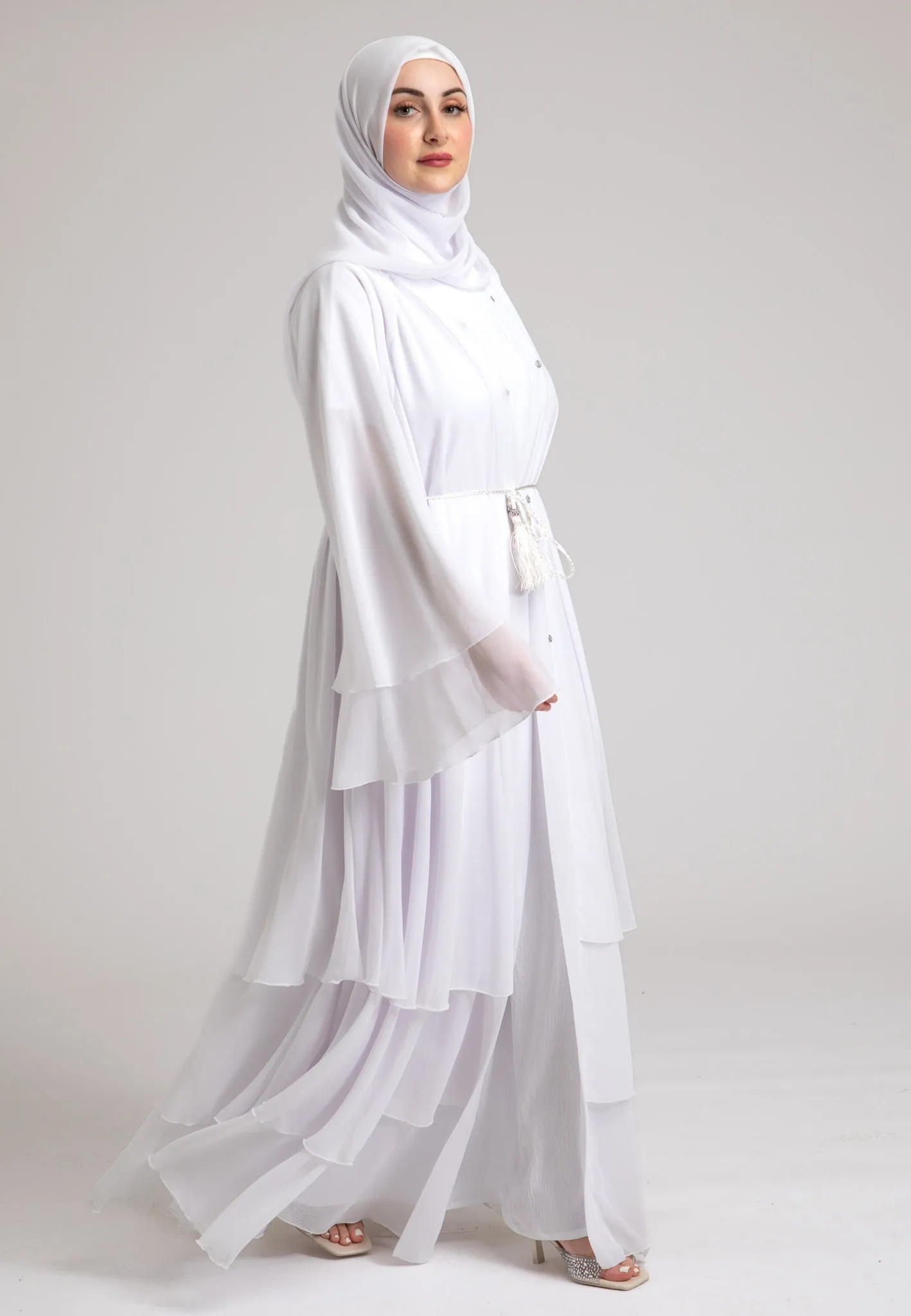 Ivory White 3 Layered Open Abaya With Inner Dress