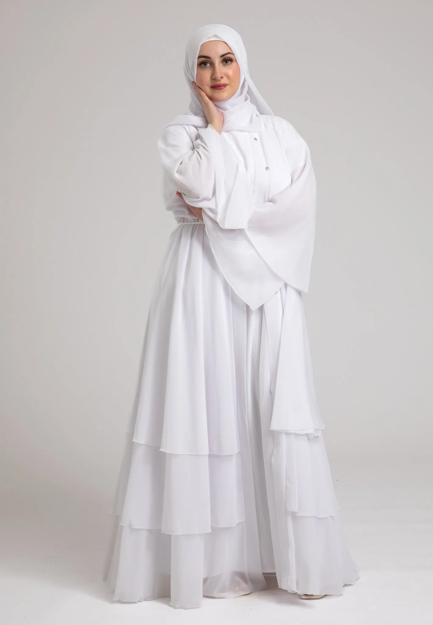Ivory White 3 Layered Open Abaya With Inner Dress