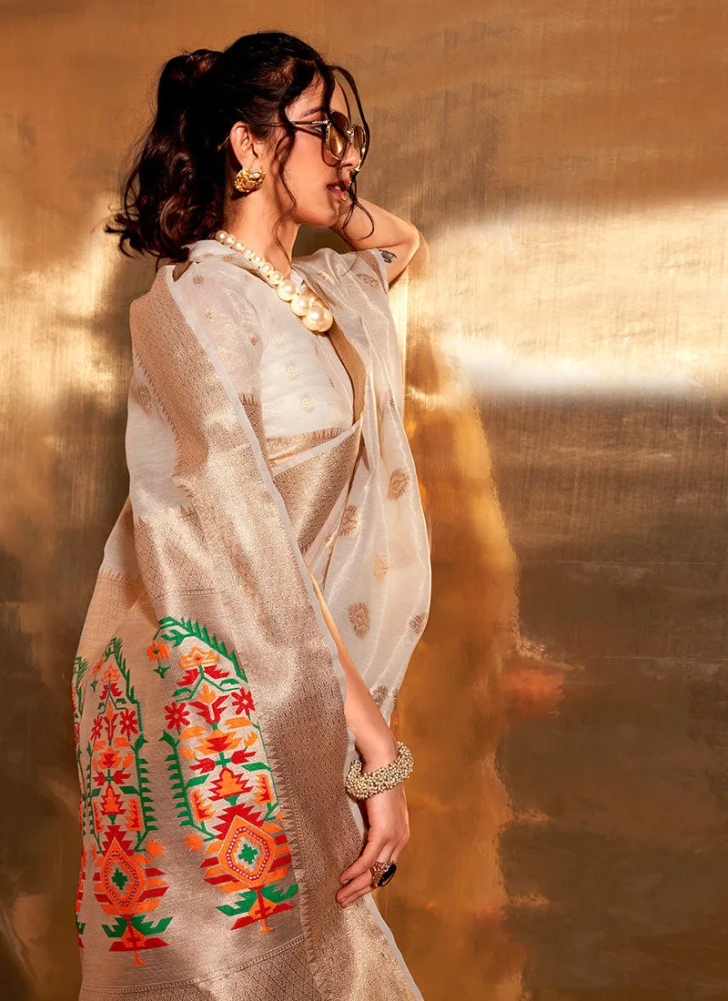 Ivory White Paithani Tissue Silk Saree
