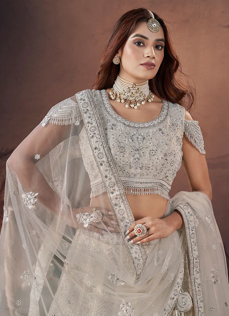 Ivory White Sequence Embroidery Wedding Lehenga Choli And Dupatta