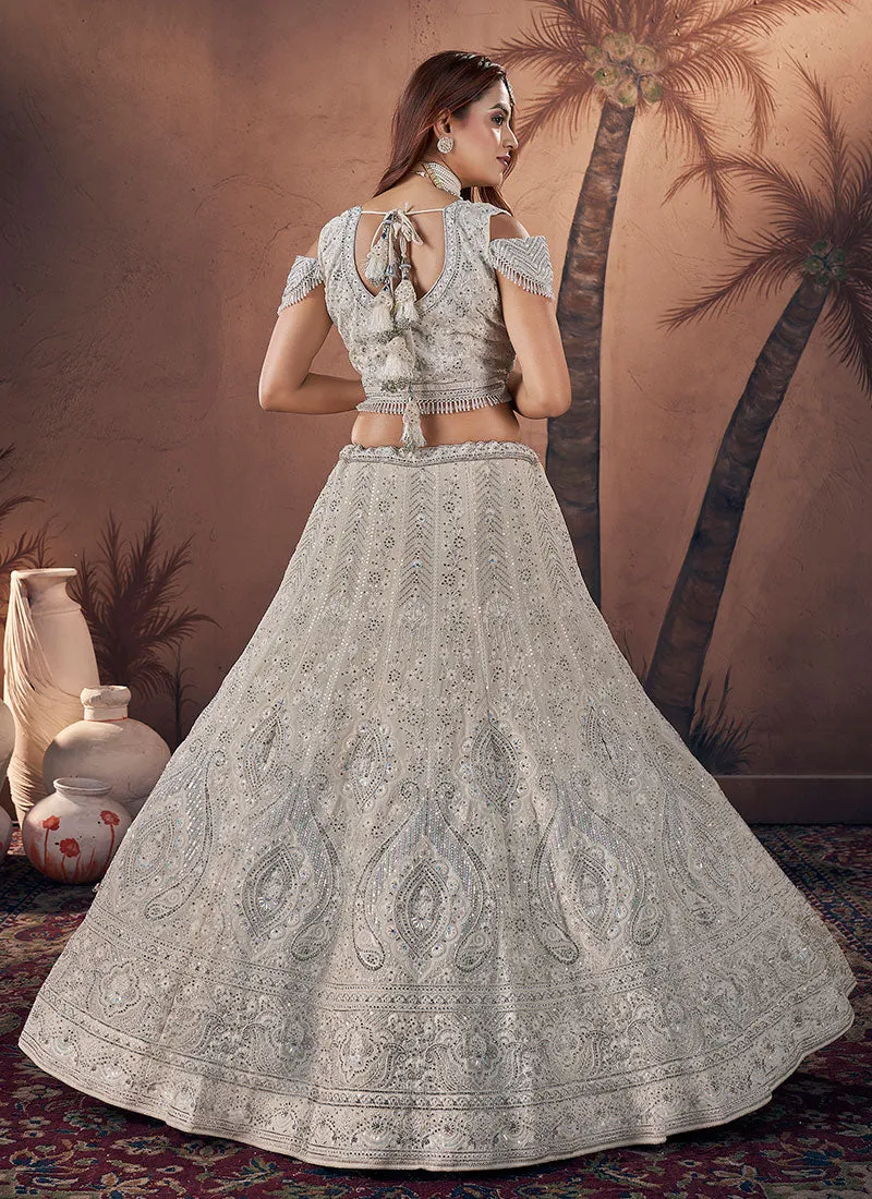 Ivory White Sequence Embroidery Wedding Lehenga Choli And Dupatta