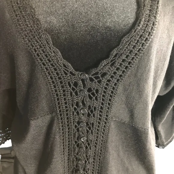 J Jill Womens Small Petite Black Crochet Silk Button Front Sweater, Elbow Sleeve