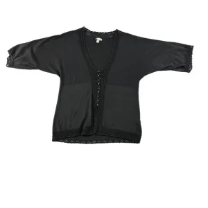 J Jill Womens Small Petite Black Crochet Silk Button Front Sweater, Elbow Sleeve