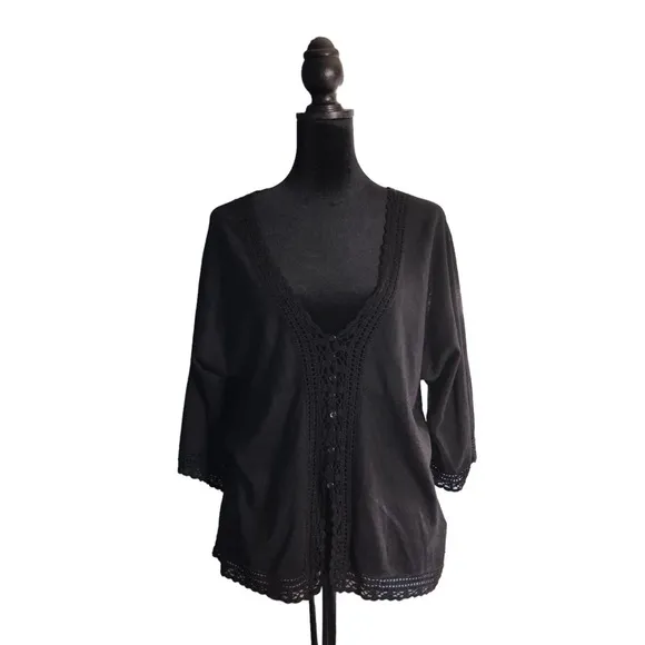 J Jill Womens Small Petite Black Crochet Silk Button Front Sweater, Elbow Sleeve