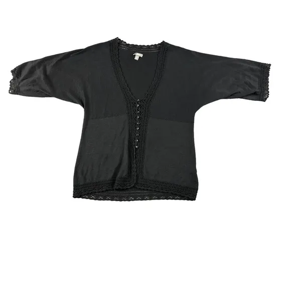 J Jill Womens Small Petite Black Crochet Silk Button Front Sweater, Elbow Sleeve
