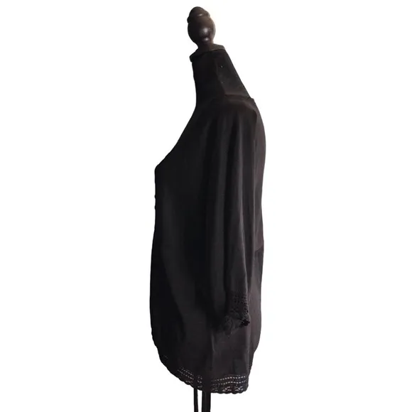 J Jill Womens Small Petite Black Crochet Silk Button Front Sweater, Elbow Sleeve