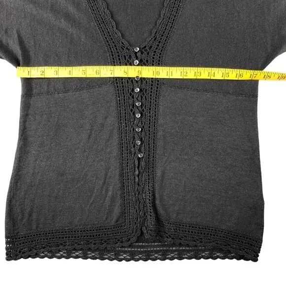 J Jill Womens Small Petite Black Crochet Silk Button Front Sweater, Elbow Sleeve