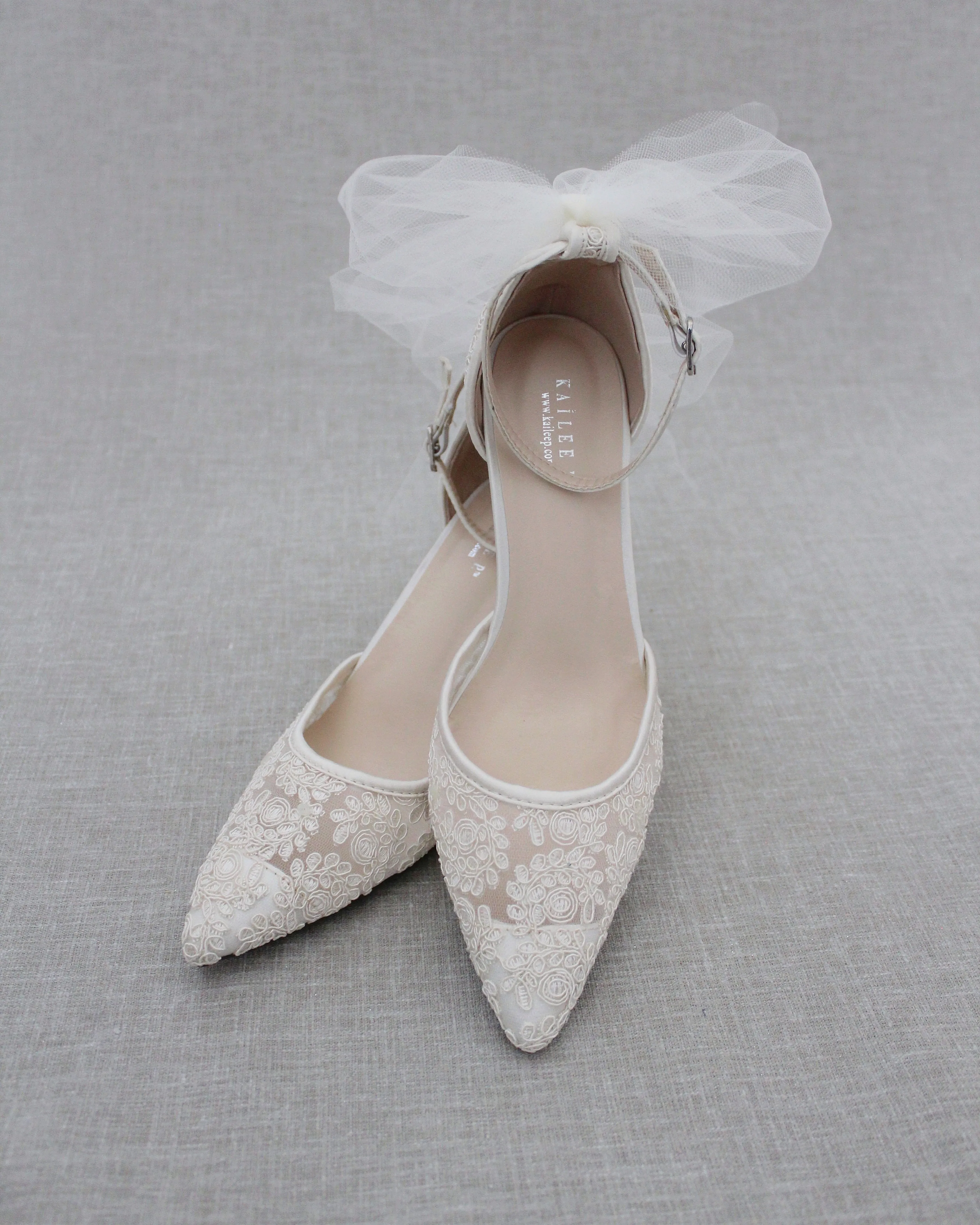 Lace Wedding Heels with Tulle Bow