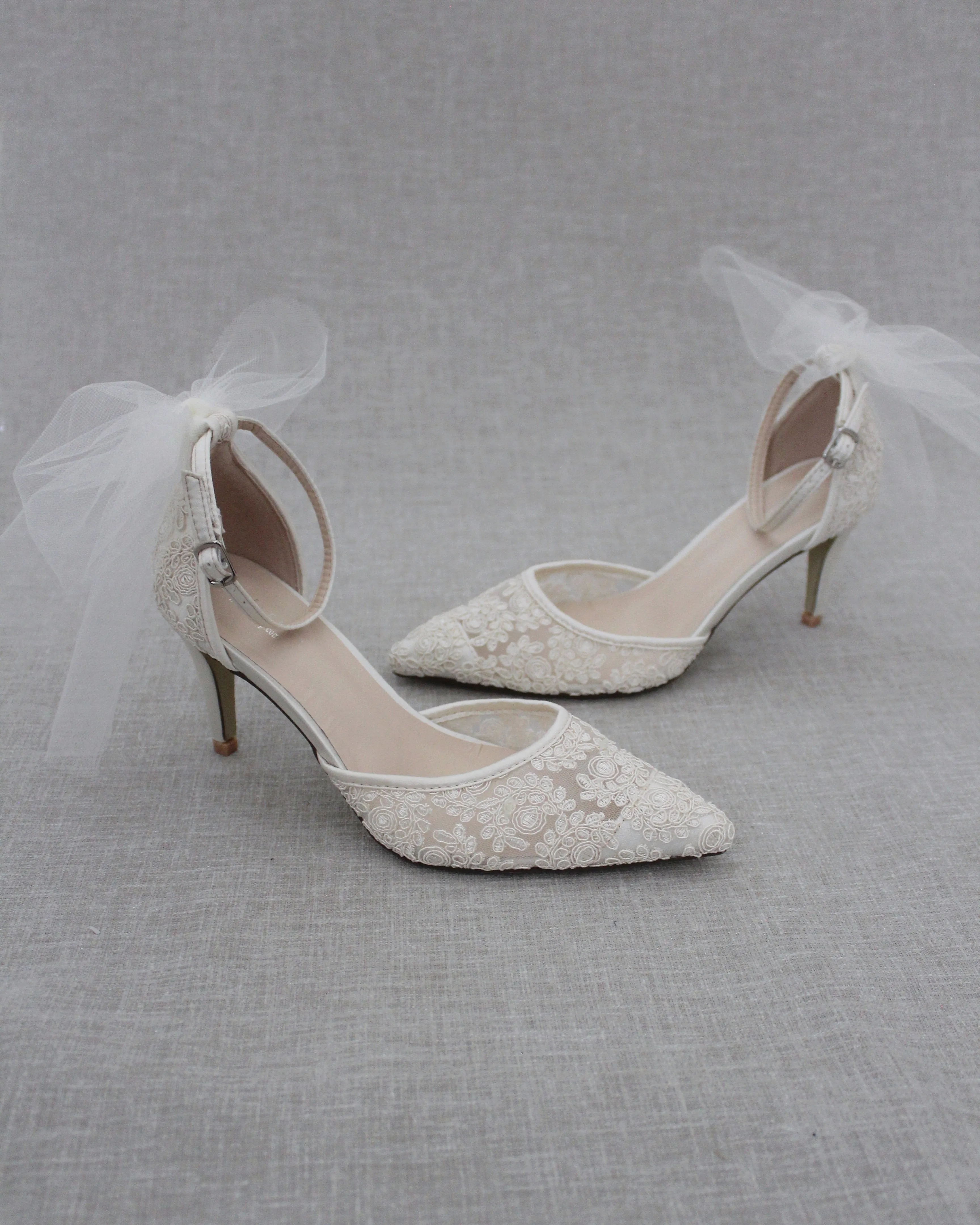 Lace Wedding Heels with Tulle Bow