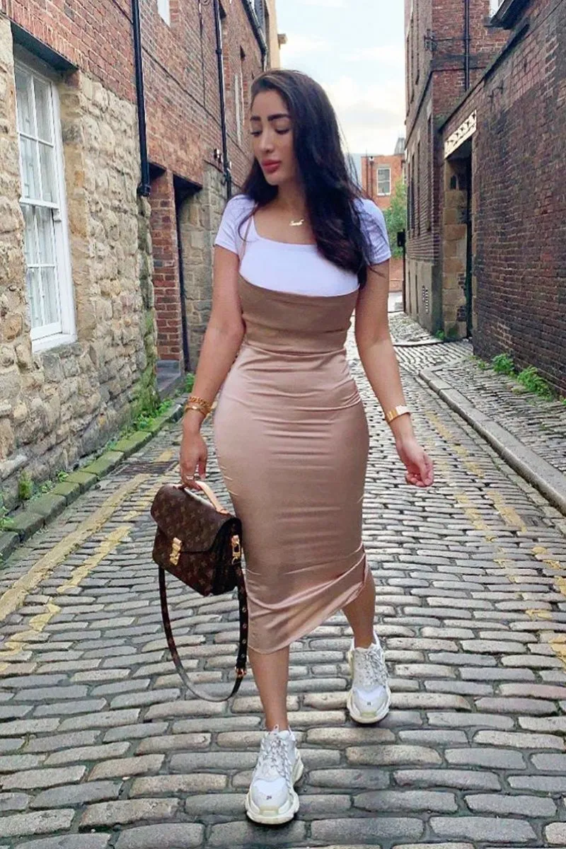 Light Gold Satin Cowl Neck Midi Bodycon Dress - Liliana