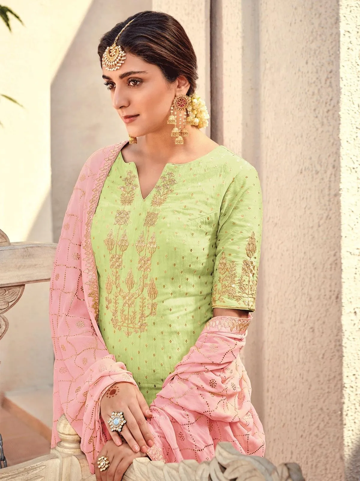 Light Green And Pink Embroidered Gharara Palazzo Suit