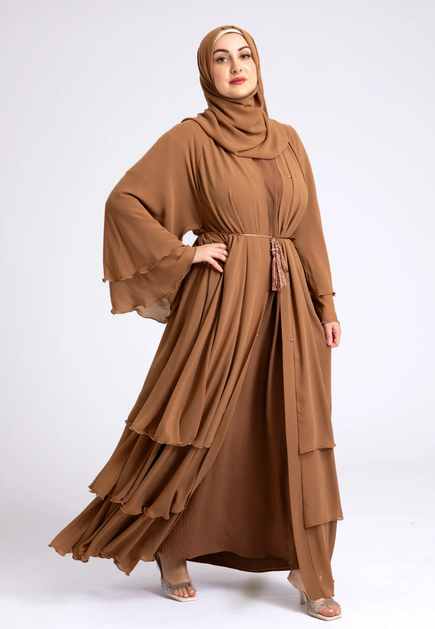 Luxury Tan 3 Layered Open Abaya with Inner Dress