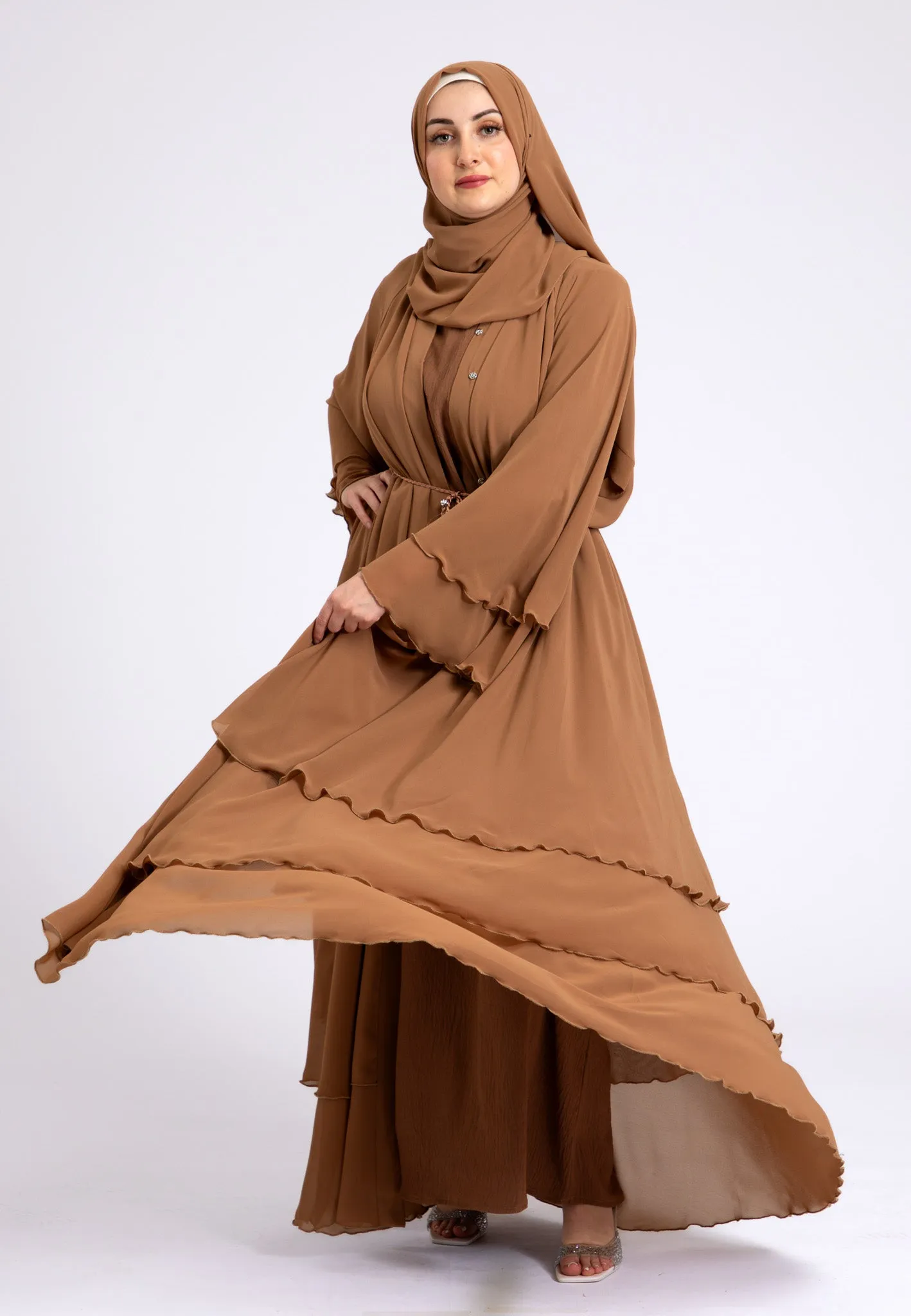 Luxury Tan 3 Layered Open Abaya with Inner Dress