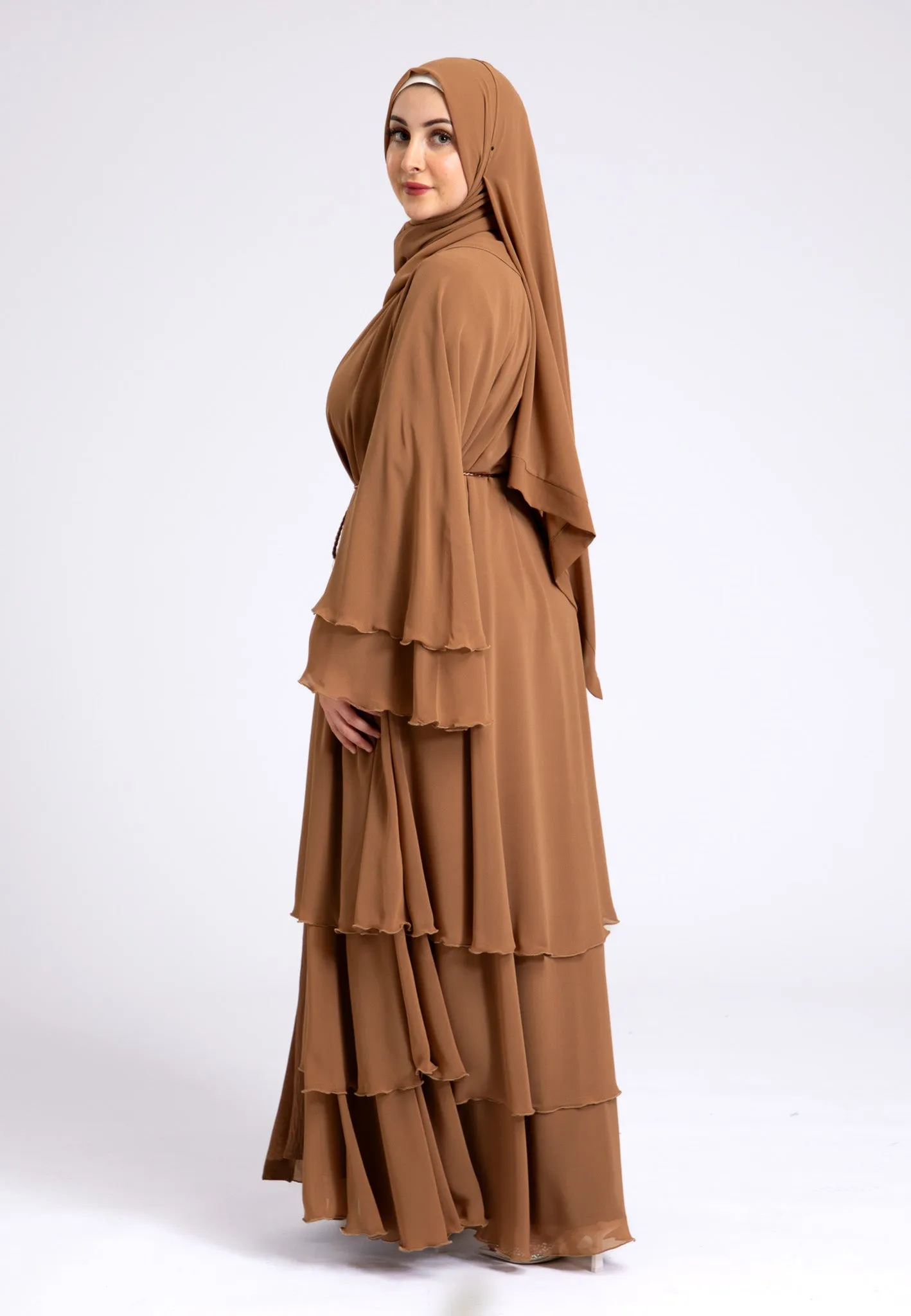Luxury Tan 3 Layered Open Abaya with Inner Dress