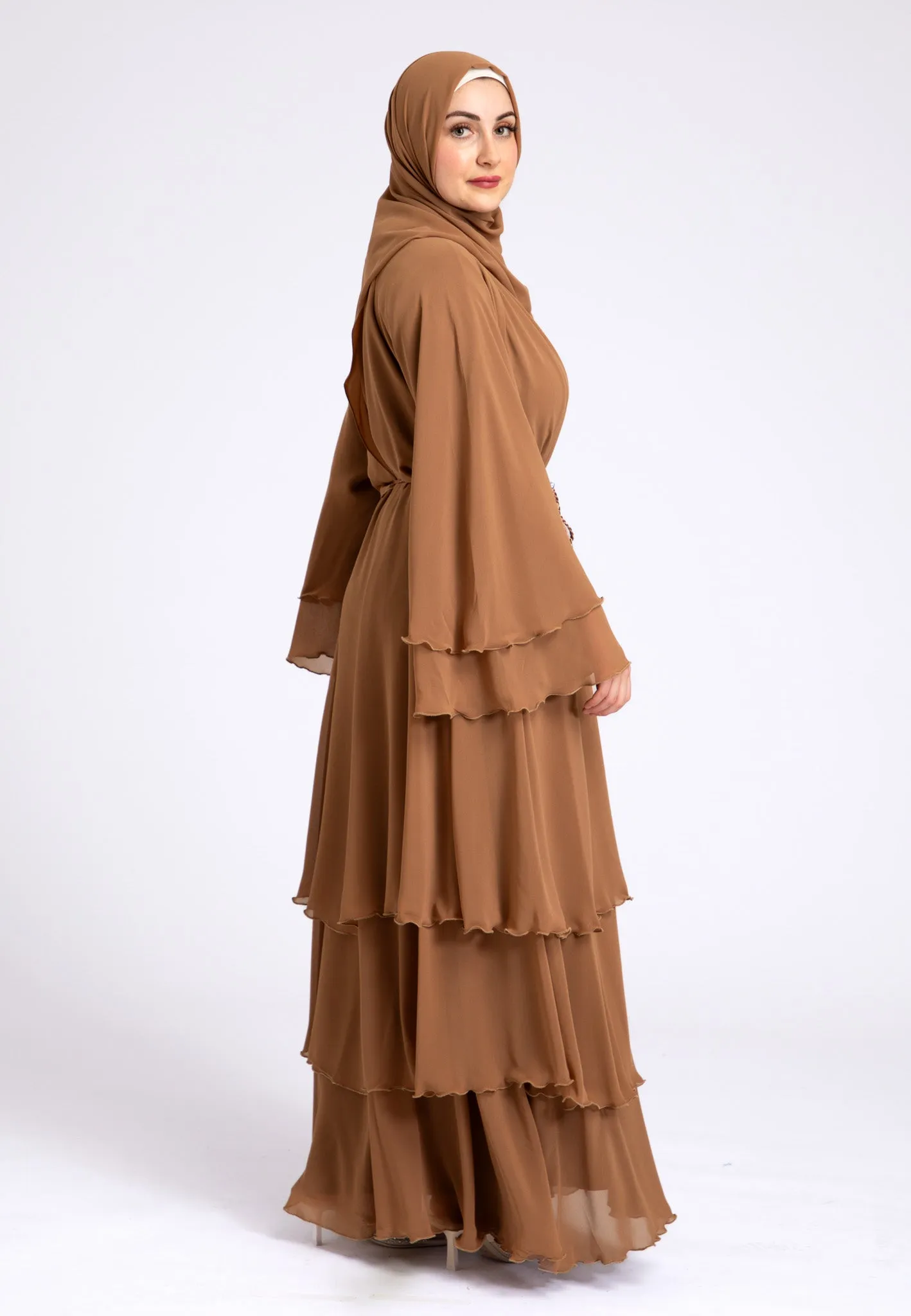 Luxury Tan 3 Layered Open Abaya with Inner Dress