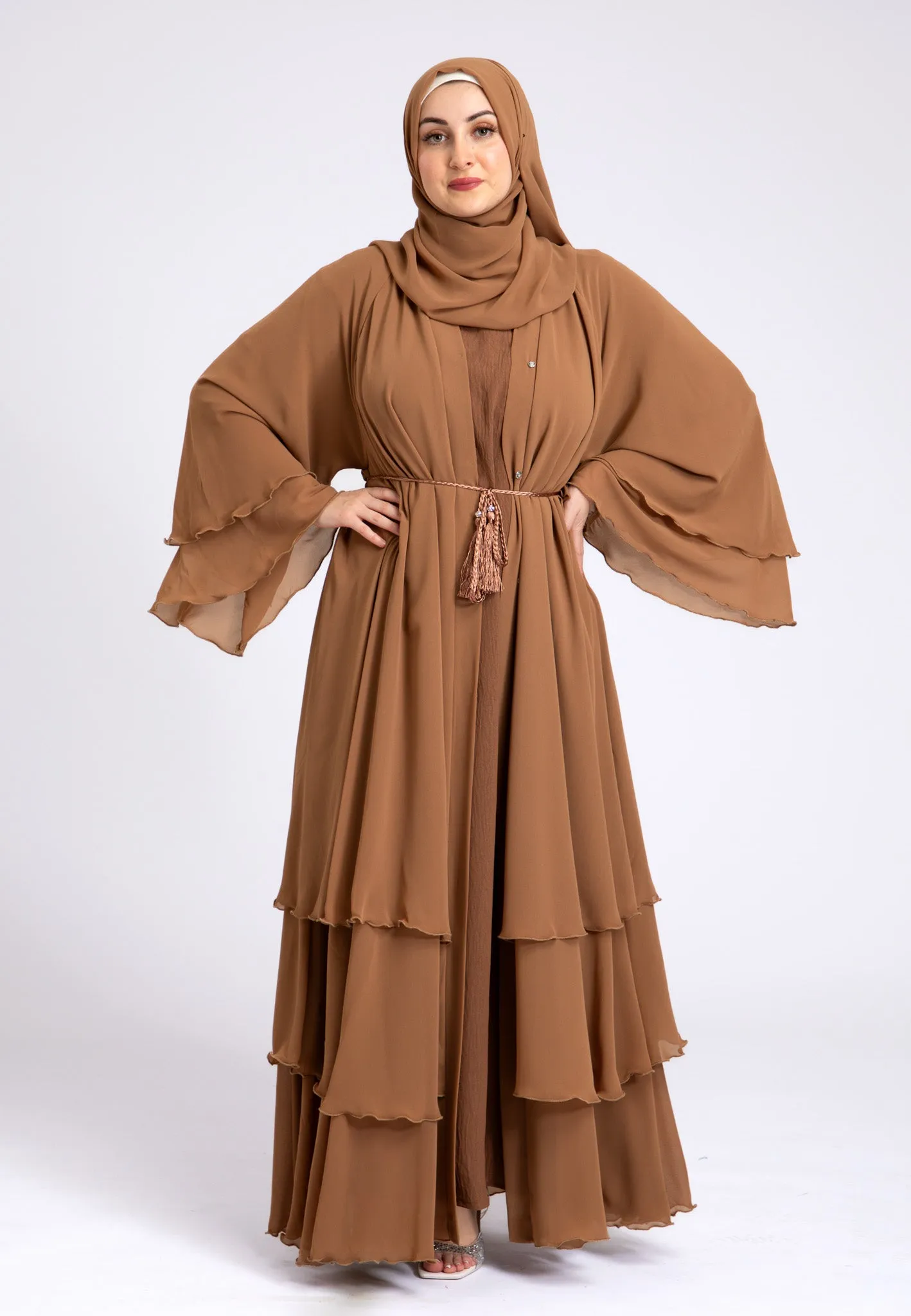 Luxury Tan 3 Layered Open Abaya with Inner Dress